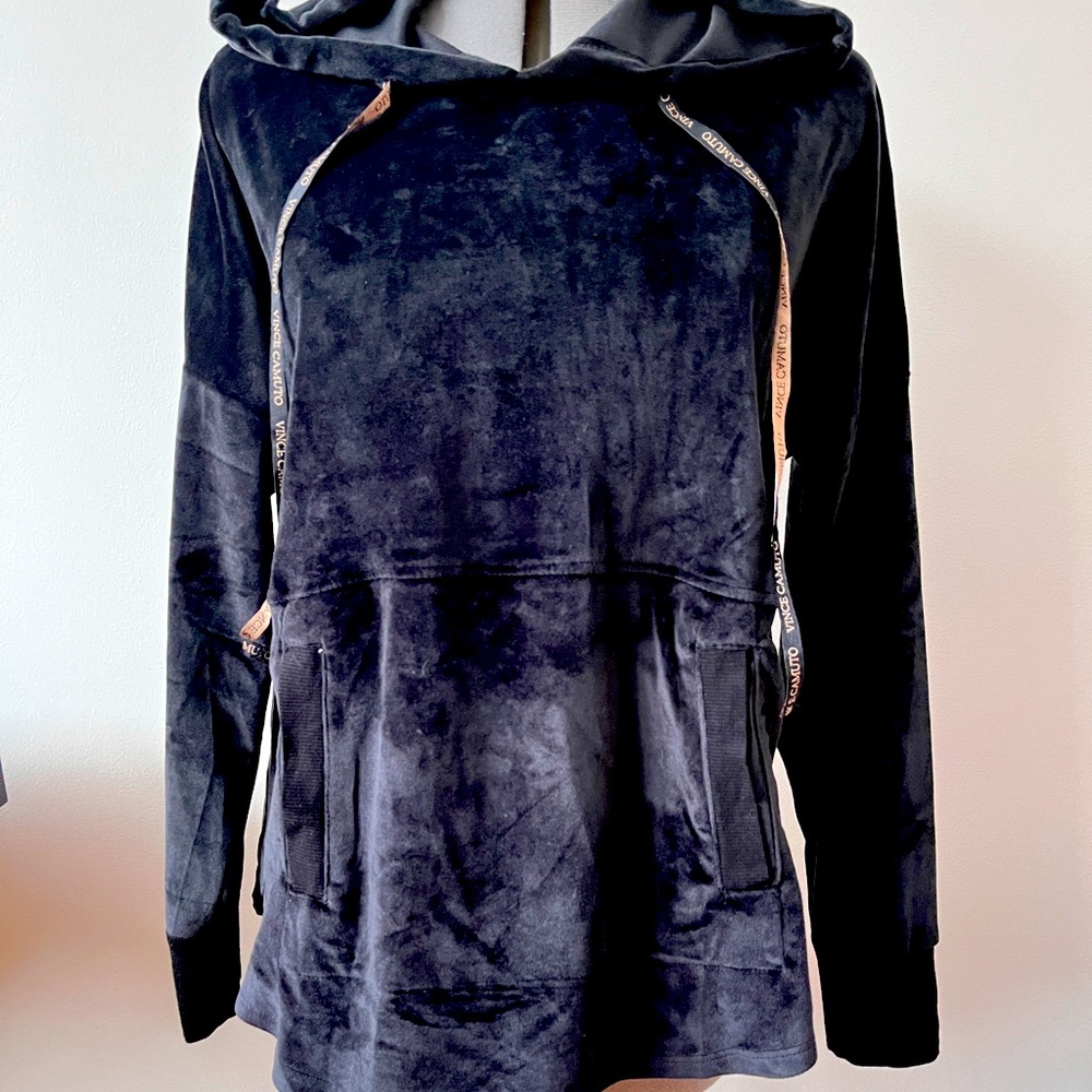 Women's Vince Camuto Black Velvet Pullover Hoodie Jacket Sweatshirt Size M SOFT!